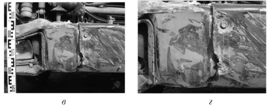 Размерные характеристики повреждений детали транспортного средства (а) и ее макросъемка (б).