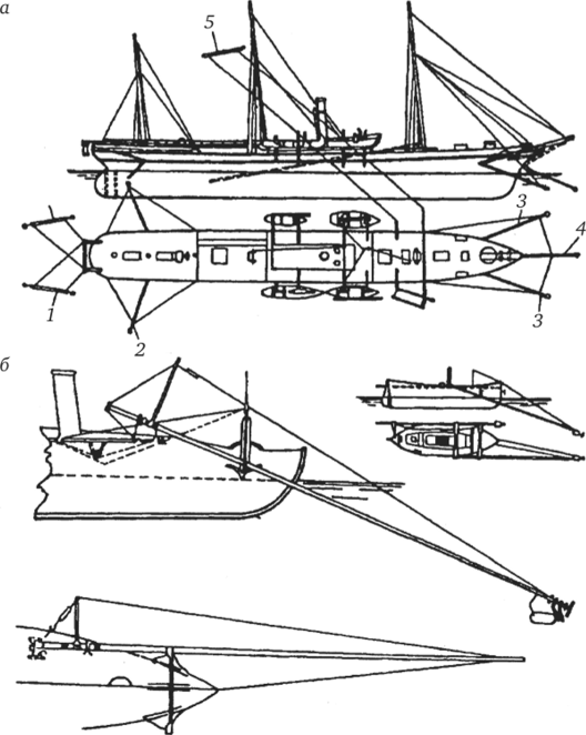 Вооруженный пароход «Великий князь Константин» [а) и минный катер с шестовыми минами (б).