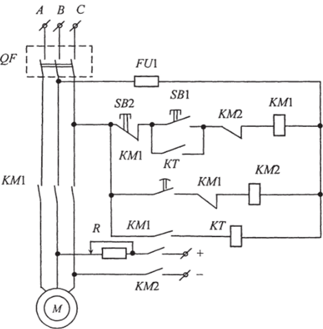 Схема управления асинхронным двигателем с короткозамкнутым ротором с динамическим торможением в функции времени.