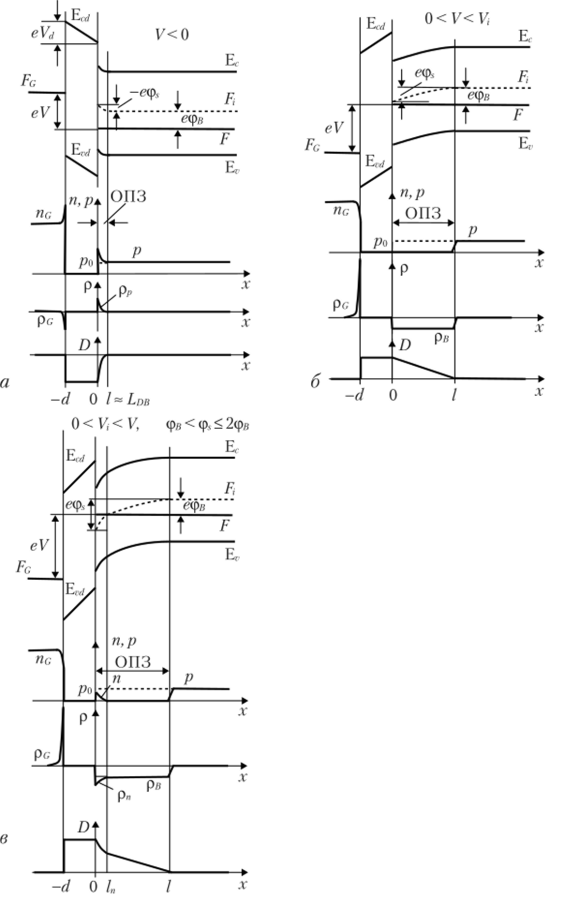 Энергетические диаграммы МДГ1-структ) ры и распределения концентраций носителей заряда, плотности заряда и электрической индукции.