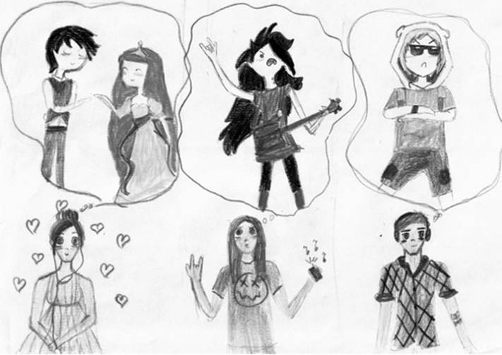Элемент комикса, нарисованного школьниками с использованием популярных персонажей «Adventure time» (Финна и принцессы Бубльгум).