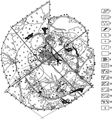 Схема строения Дарасунской очагово-куполной структуры |Зорина и др., 1989|.