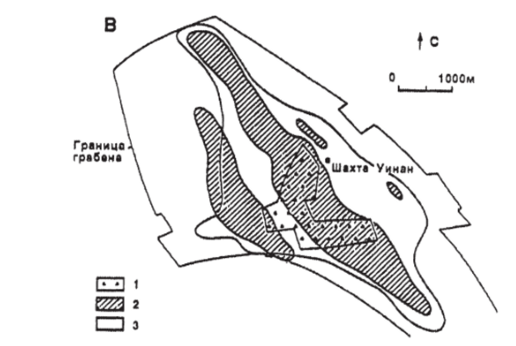Схематический геологический план месторождения Олимпик-Дам на горизонте -450 м (А) (по Д. Робертсу и Г. Хадсону).