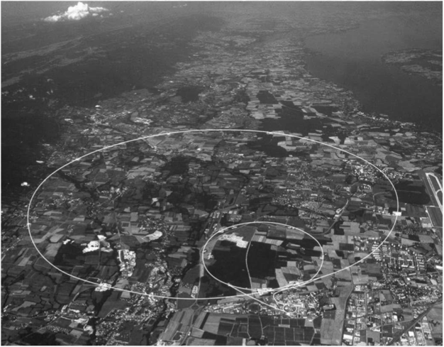 Аэрофотоснимок территории ЦЕРНа, на котором показаны подземные туннели ускорителей. Большое кольцо - Большой адронный коллайдер, (изображение с сайта.