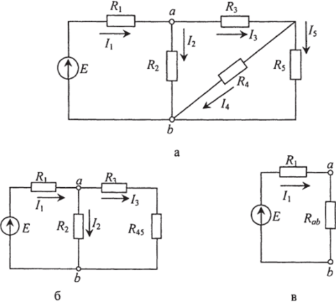Рис 1.12. Схема разветвленной цепи с одним источником (а) и упрощенные схемы (б и в).