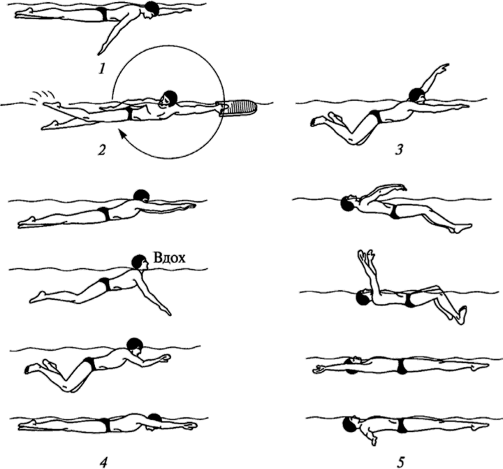 Примерный комплекс упражнений № 6, применяемый в середине курса занятий лечебным плаванием при грудном сколиозе.