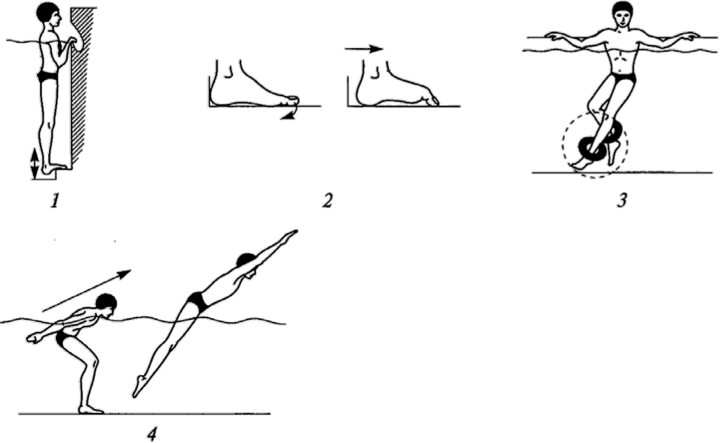 Примерный комплекс упражнений № 7, применяемый в начале курса занятий лечебным плаванием при плоскостопии.