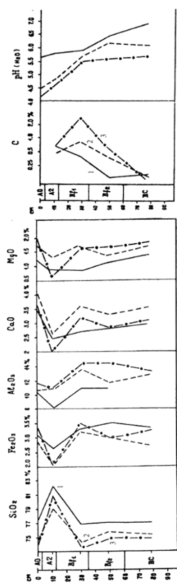 Профильное распределение основных компонентов валового состава (оксидов кремния, железа, алюминия, ция, магния), гумуса (С) и pH в разных вариантах подзолов Карелии (по Морозовой, 1991).