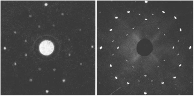 Дифракция на монокристалле NaCl. Слева — облучение нейтронами, справа - рентгеновскими фотонами.