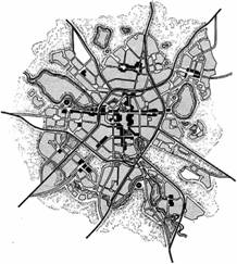 Генеральный план Свердловска 1972 г. Схема планировочной структуры города с выделением элементов транспортной инфраструктуры и экологического каркаса.