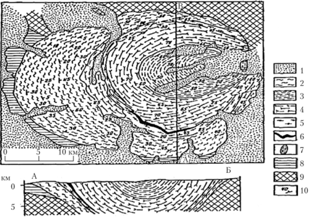 Схема геологического строения Хибинского массива (по А. В. Галахову, 1975 г.).