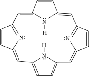 Решение. Рассматривая структурную формулу порфирина, приходим к выводу, что все 11 л-связей и две электронные пары азота сопряжены между собой. В сумме это дает 26 электронов, что соответствует формуле ароматичности Ап + 2. Следовательно, порфирин — ароматическое гетероциклическое соединение. Для данной молекулы п = 6.