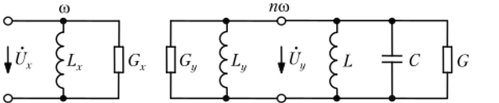 Схема замещения устройства на ФЭ с ОП в виде двух подсхем на частотах со и исо.