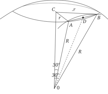 К вычислению расстояний между точками А и В на шаре по дуге параллели и по дуге большого круга.