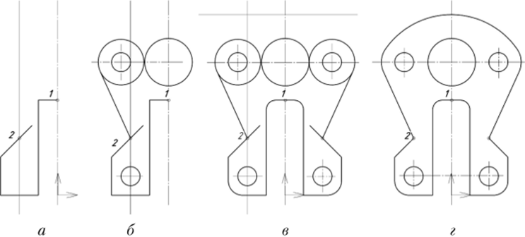 Последовательность построения чертежа очертания прокладки с общим центром (-55; 140) и окружность диаметром 20 с центром (-40; 20) (рис. 6.10, б).