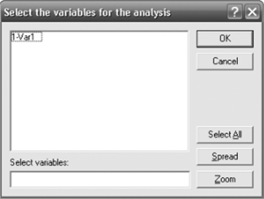 Окно выбора переменных Select the variables for the analysis (выбор переменных для анализа).