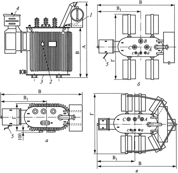 Общий вид трансформаторов с регулированием напряжения под нагрузкой ТМН-560/35, ТМН-1000/35, ТМН-1800/35 (а) и экскизы крышек трансформаторов ТМН-3200/35 (б) и ТМН-5600/35 (в).