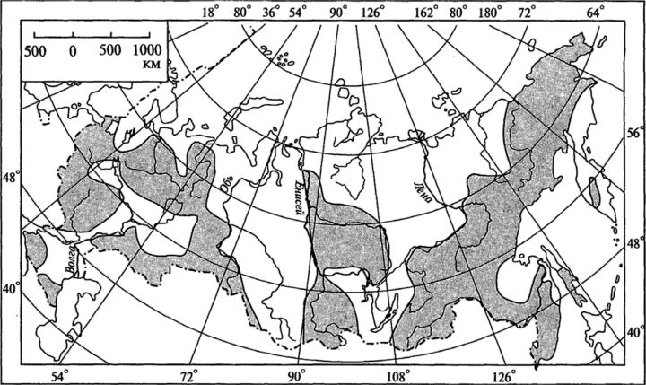 Территории России, подверженные крупным наводнениям в период с 1957 по 1986 г. (по К. С. Лосеву, 1987).