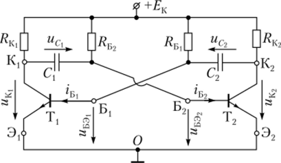 Схема мультивибратора на биполярных транзисторах.