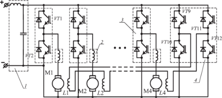 Схема сильноточных цепей многодвигательного тягового привода постоянного тока с использованием типовых узлов.