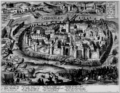 Осада Смоленска польской армией. 1609— 76 7 7. Гравюра начала XVII века.