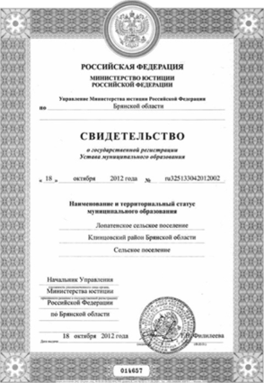 Свидетельство о государственной регистрации устава муниципального образования.