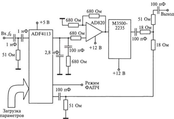 Принципиальная схема ССЧ с ФАПЧ диапазона (1,5...4,0) ГГц на трех интегральных микросхемах.