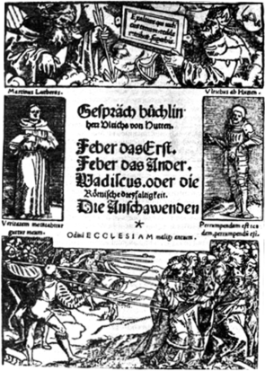 Ганс Бальдунг Грин. Титульный лист «Книжечки диалогов» Ульриха фон Гуттена с изображением М. Лютера и Гуттена. Гравюра на дереве. 1521.
