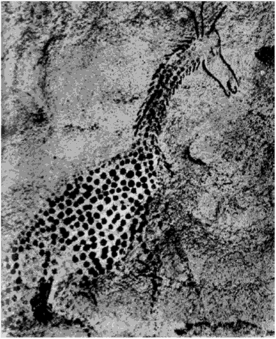 Изображение животного, напоминающего жирафу. Наскальное изображение. Возвышенность Тассилин-Аджер, Алжир.