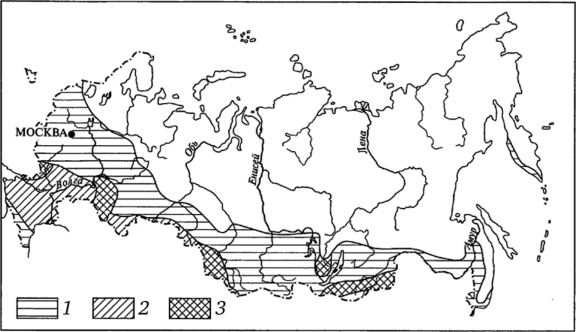 Схематическая карта распространения типов эрозии почв на территории России (по Н. Ф. Реймерсу и др., 1992).