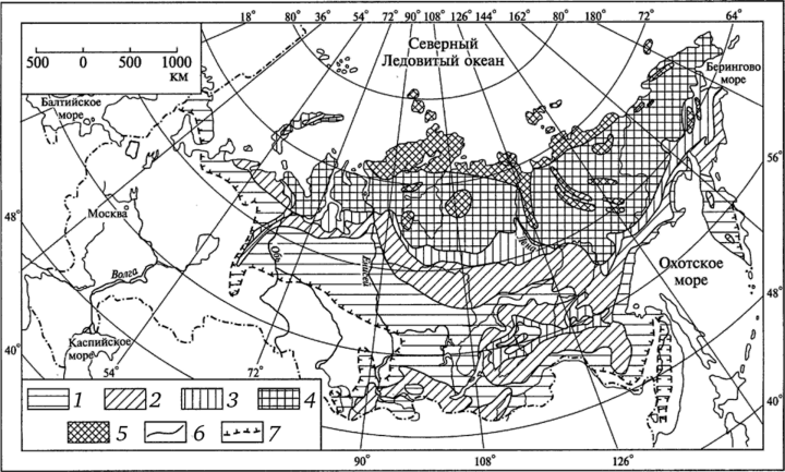 Схема распространения многолетнемерзлых пород (ММП) на территории России (по К. А. Кондратьевой, 1976).
