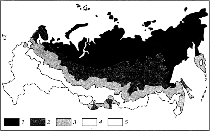Районирование территории России по природно-климатическим условиям жизни (по А. Н. Кренке и др., 2001).