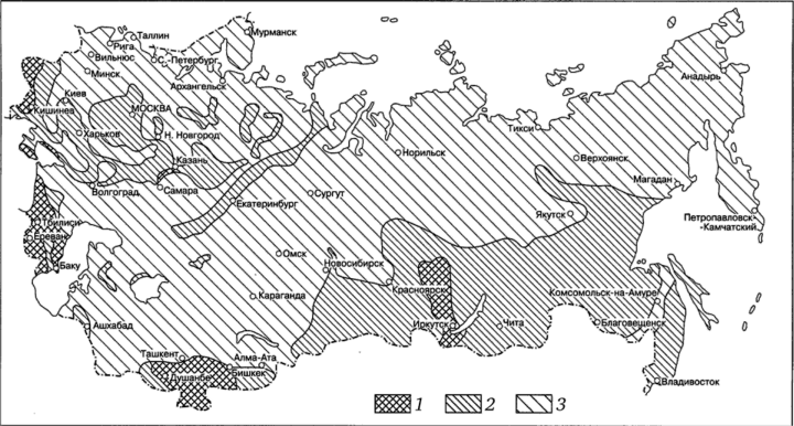 Районы, подверженные оползневым процессам (по Н. А. Алексееву, 1988).
