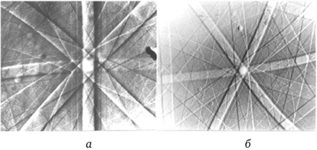 Картины каналирования, полученные с поверхности (111) (а) и (100) (б) монокристалла кремния [2].