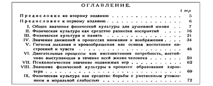 Фото оглавления монографии А. П. Нечаева «Психология физической культуры», 1930 г.