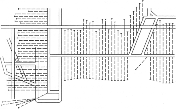 Схема предварительной дегазации мощного пологого пластавосстающими, горизонтальными и нисходящими скважинами (Караганда).
