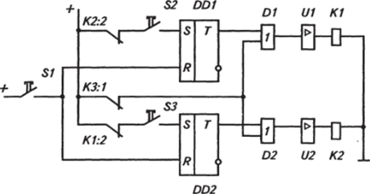 Бесконтактный аналог схемы управления реверсом асинхронного двигателя.