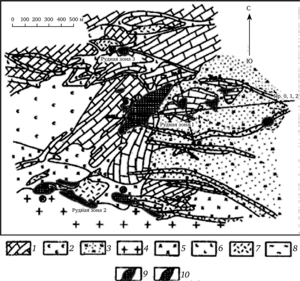 Схематическая геологическая карта Эгитинского месторождения (по В. М. Михайлову).