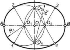 Построение овала делением большой оси на три равные части отметив центры О.
