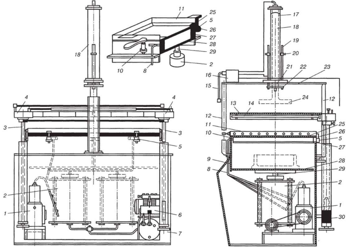 Схема однопозиционной машины с верхним плунжером для предварительной механической вытяжки. Пояснения в тексте.