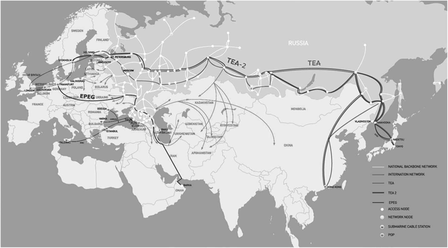 Трассы линий связи национальной базовой сети России, международной сети, проектов TEA, TEA-2, RJCN, EPEG.