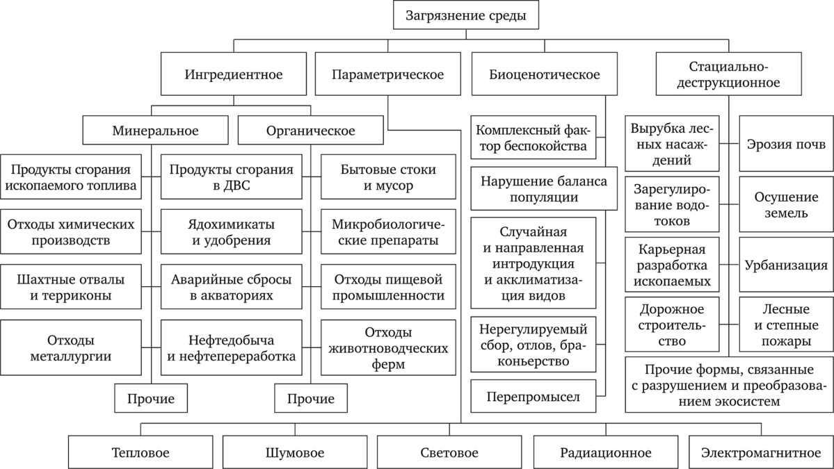 Классификация загрязнений экологических систем (по Г. В. Стадницкому и А. И. Родионову, 1996).