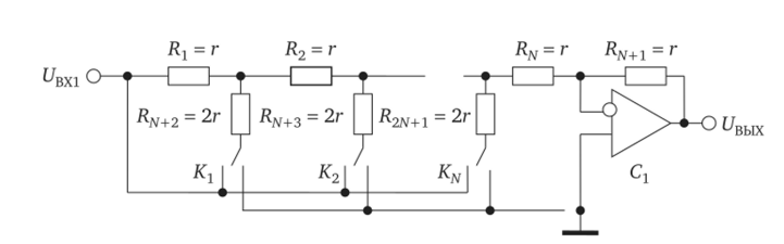 Упрощенная принципиальная схема ЦАП на основе сетки R—2R.
