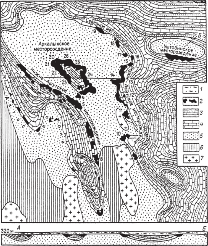 Схематическая геолого-литологическая карта палеозойского фундамента и бокситоносных отложений Амангельдинского района (по Г. Кирпалю и.