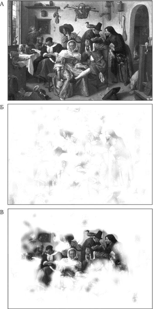КартинаЯна Стэна «Безумный мир» (А) с выделенными участками амбьентной (Б) и фокальной (В) обработки (по.