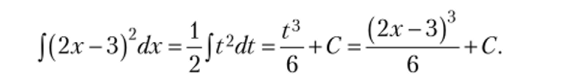 Замечание. Сравнивая этот метод с тем, который мы применили для нахождения того же самого интеграла ранее (пример 8.7), убеждаемся в преимуществе метода замены переменных, ибо он позволяет с одинаковой легкостью найти интеграл любой функции вида (2х -3)” независимо от значения показателя п. Попутно заметим, что полезно сопоставлять ответы, получаемые в одной и той же задаче при решении ее разными способами!