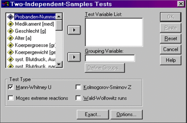 Диалоговое окно Two Independent Samples Tests (Тесты для двух независимых выборок).