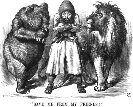 Карикатура британского художника Дж.Тенниела времен «Большой игры». Афганский эмир Шир-Али между российским медведем.