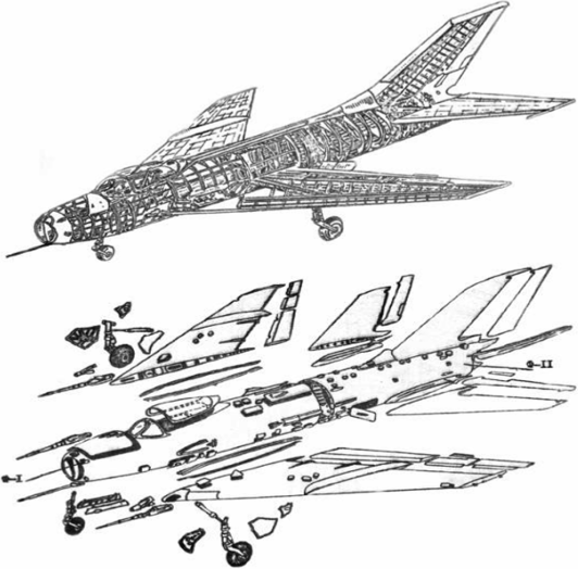 Каркас фюзеляжа самолета МИГ-19. Схема технологического членения.