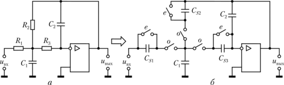 Активный ЙС-фильтр нижних частот (а) и его SC-реализация (б).